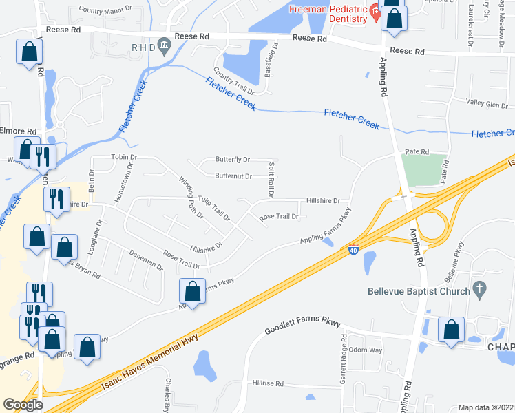 map of restaurants, bars, coffee shops, grocery stores, and more near 7203 Hillshire Dr in Memphis