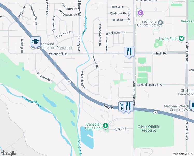 map of restaurants, bars, coffee shops, grocery stores, and more near 3004 Walnut Road in Norman