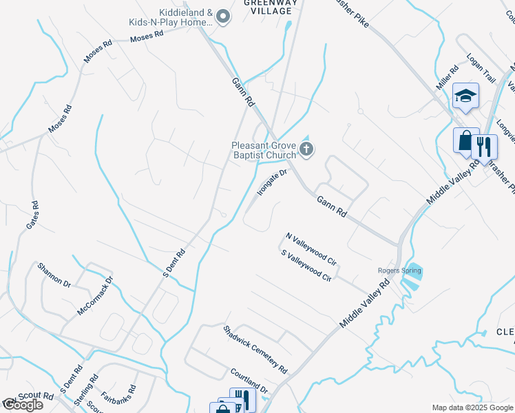 map of restaurants, bars, coffee shops, grocery stores, and more near 7508 Irongate Drive in Middle Valley