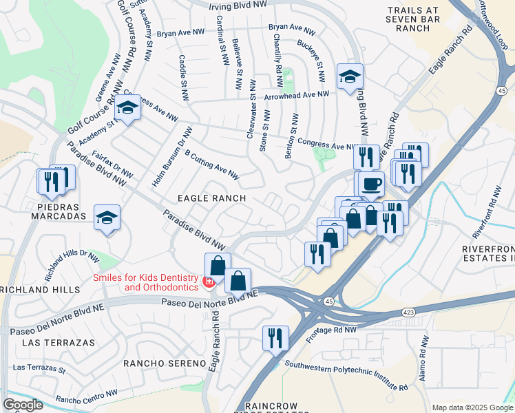 map of restaurants, bars, coffee shops, grocery stores, and more near 4612 Miramar Drive Northwest in Albuquerque