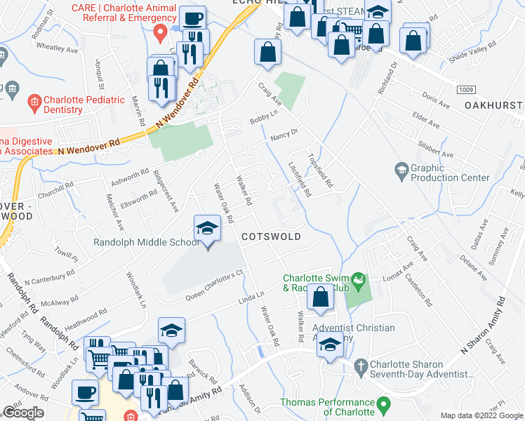 map of restaurants, bars, coffee shops, grocery stores, and more near 4336 Walker Road in Charlotte