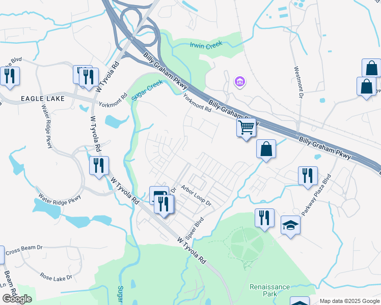 map of restaurants, bars, coffee shops, grocery stores, and more near 5306 Acadia Heights Drive in Charlotte