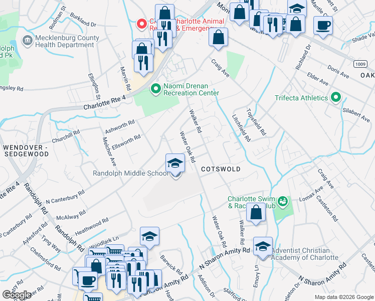map of restaurants, bars, coffee shops, grocery stores, and more near 729 Bertonley Avenue in Charlotte