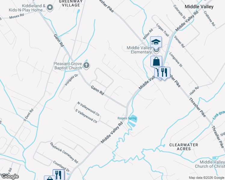 map of restaurants, bars, coffee shops, grocery stores, and more near 7624 Lenox Trace Drive in Middle Valley