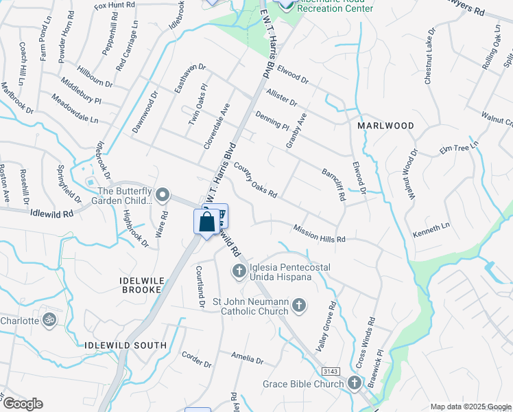 map of restaurants, bars, coffee shops, grocery stores, and more near 8232 Meadowdale Lane in Charlotte