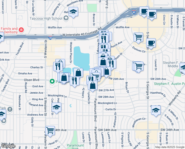 map of restaurants, bars, coffee shops, grocery stores, and more near 2601 Linda Circle in Amarillo