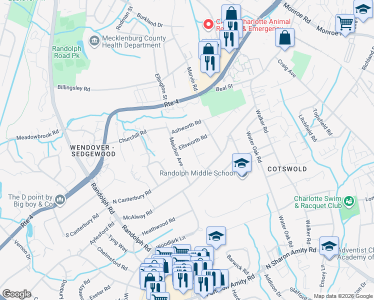 map of restaurants, bars, coffee shops, grocery stores, and more near in Charlotte
