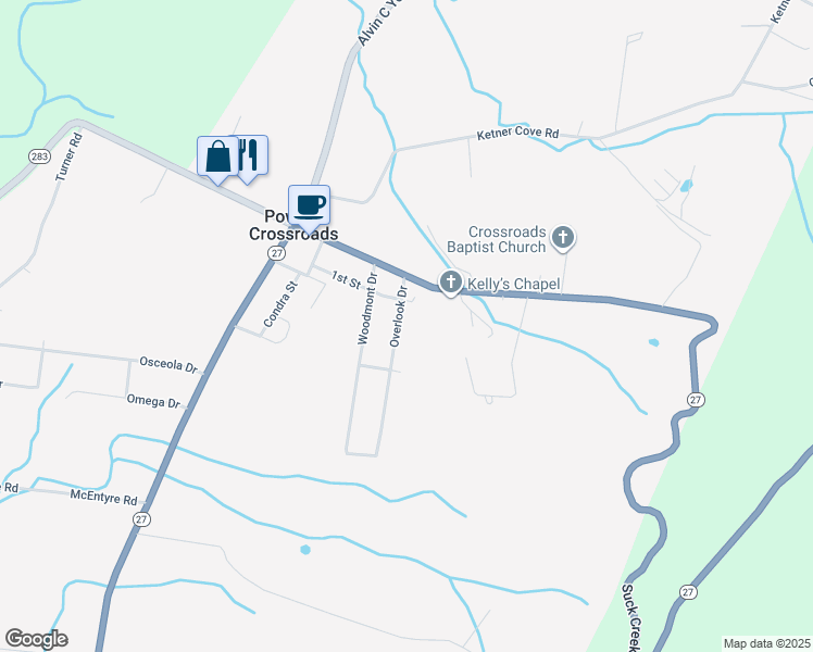 map of restaurants, bars, coffee shops, grocery stores, and more near 257 Overlook Drive in Whitwell