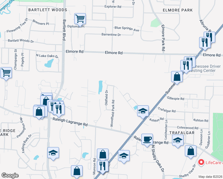 map of restaurants, bars, coffee shops, grocery stores, and more near 2206 Woodfield Park Road in Memphis