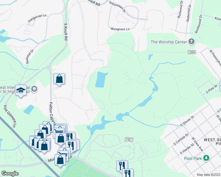 map of restaurants, bars, coffee shops, grocery stores, and more near 120 Holly Springs Court in Southern Pines