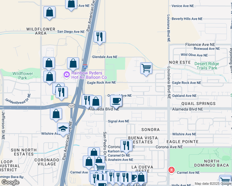 map of restaurants, bars, coffee shops, grocery stores, and more near 6201 Oakland Avenue Northeast in Albuquerque
