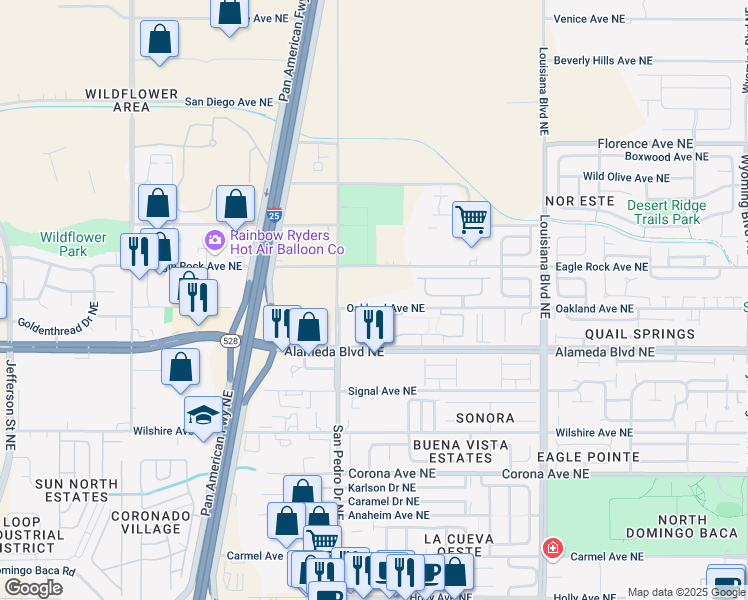 map of restaurants, bars, coffee shops, grocery stores, and more near 6201 Oakland Avenue Northeast in Albuquerque