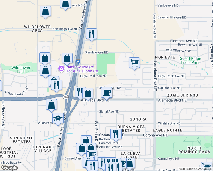 map of restaurants, bars, coffee shops, grocery stores, and more near 99999 Oakland Avenue Northeast in Albuquerque