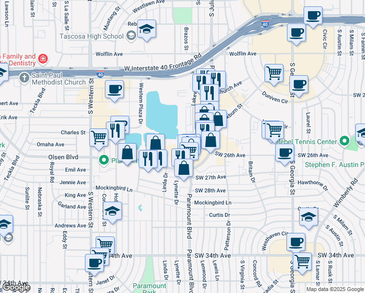 map of restaurants, bars, coffee shops, grocery stores, and more near 2626 Paramount Boulevard in Amarillo