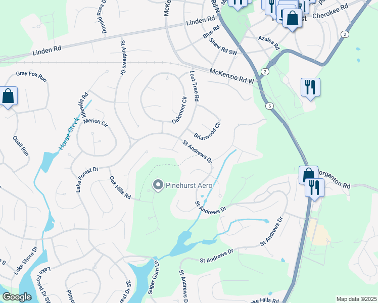 map of restaurants, bars, coffee shops, grocery stores, and more near 395 Saint Andrews Drive in Pinehurst