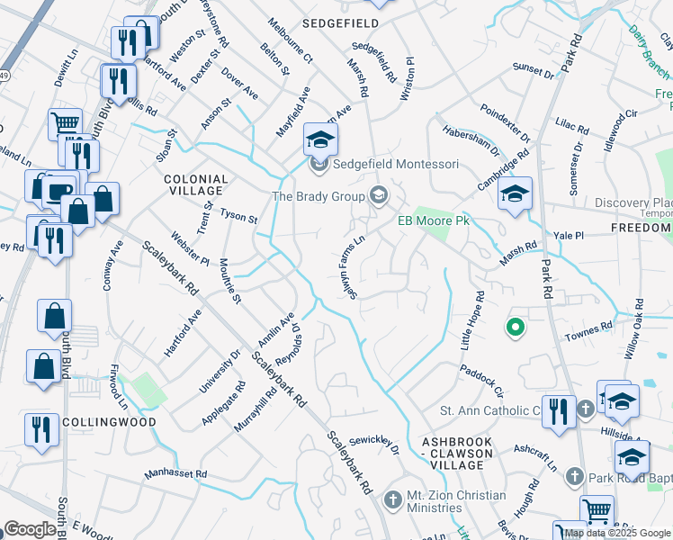 map of restaurants, bars, coffee shops, grocery stores, and more near 806 Selwyn Place Road in Charlotte