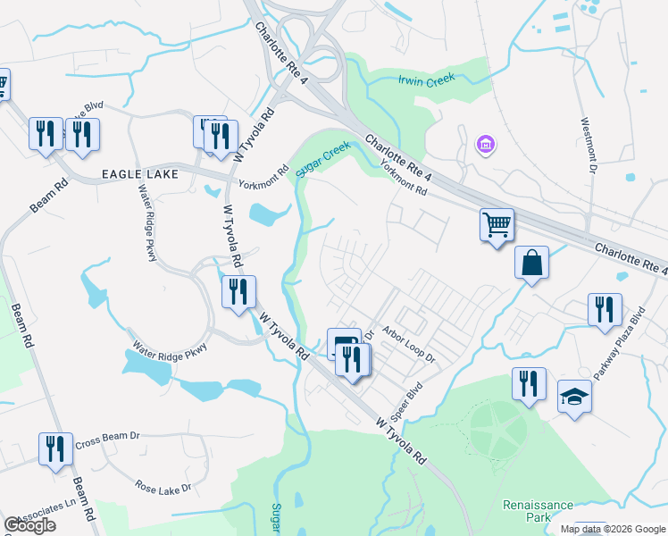 map of restaurants, bars, coffee shops, grocery stores, and more near 2539 Arbor Loop Drive in Charlotte