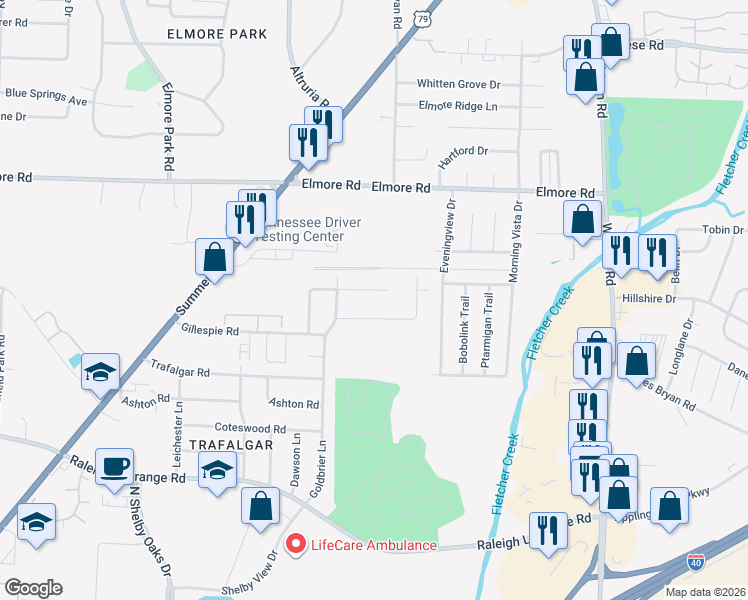 map of restaurants, bars, coffee shops, grocery stores, and more near 6527 Birkenhead Road in Memphis