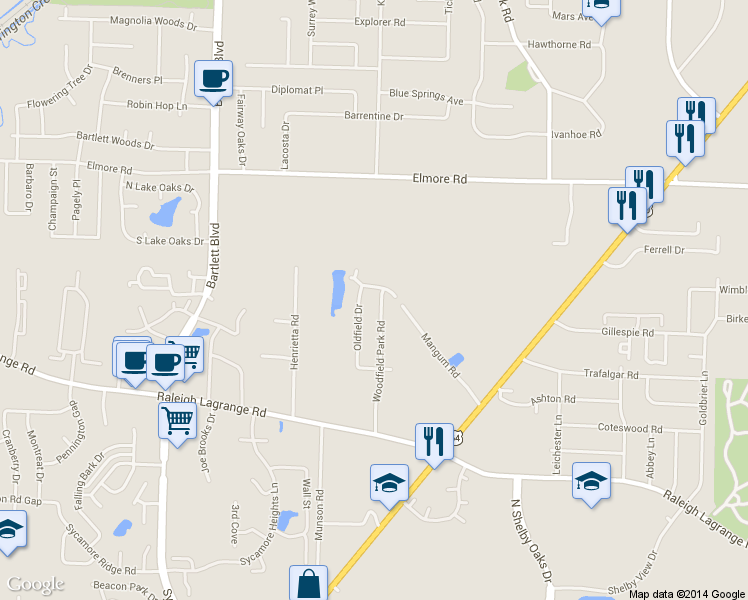 map of restaurants, bars, coffee shops, grocery stores, and more near 2206 Woodfield Park Road in Memphis