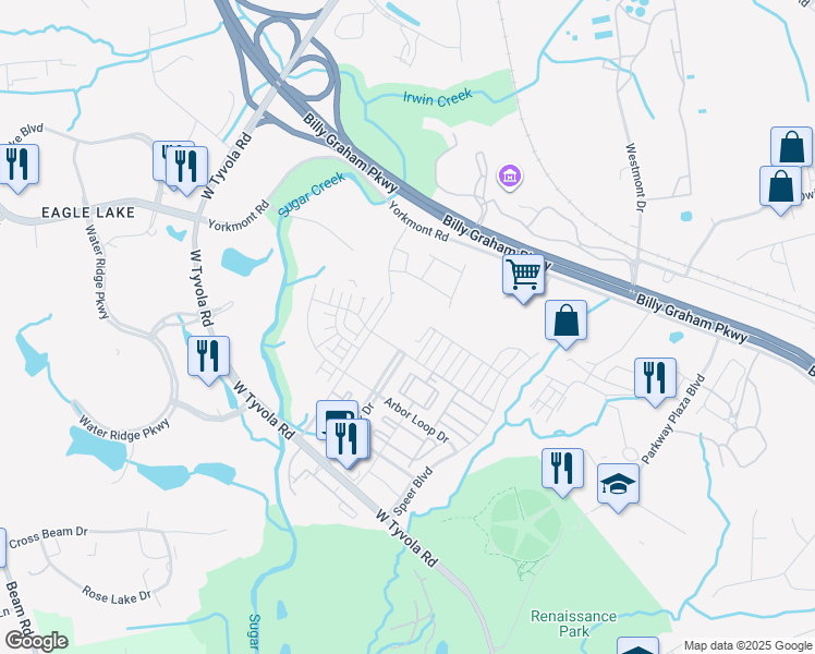 map of restaurants, bars, coffee shops, grocery stores, and more near 5306 Acadia Heights Drive in Charlotte