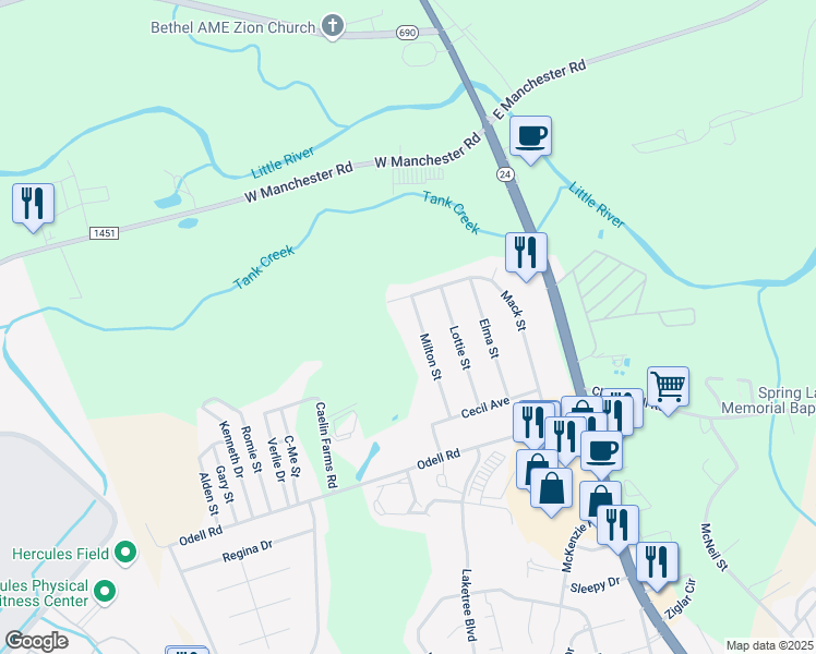 map of restaurants, bars, coffee shops, grocery stores, and more near 1427 Milton Street in Spring Lake