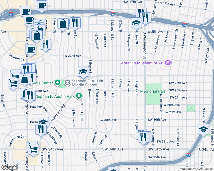 map of restaurants, bars, coffee shops, grocery stores, and more near 2407 Parker Street in Amarillo