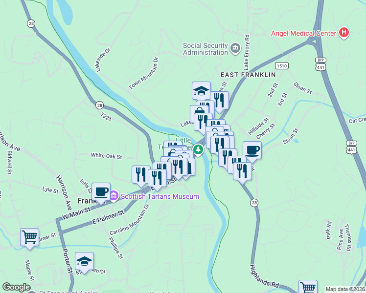 map of restaurants, bars, coffee shops, grocery stores, and more near 129 Northeast Main Street in Franklin