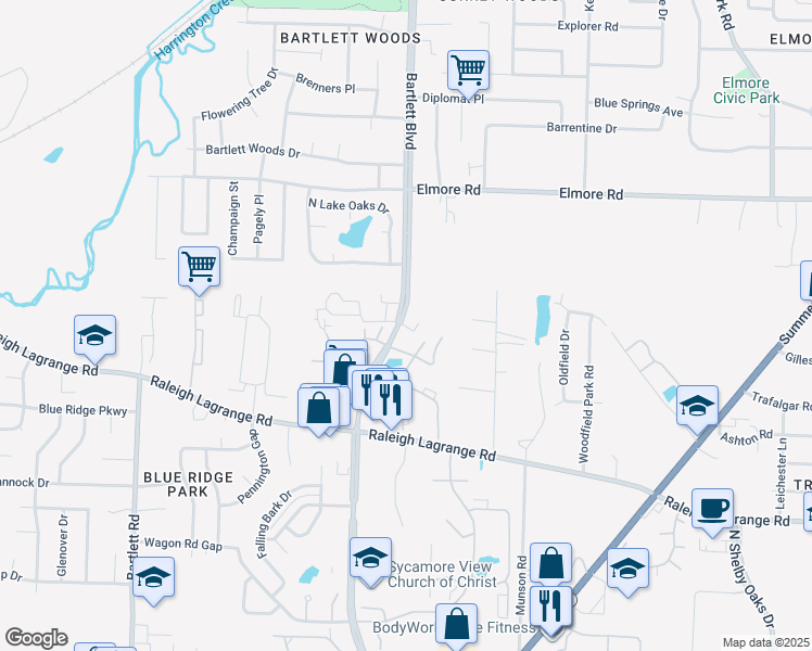 map of restaurants, bars, coffee shops, grocery stores, and more near 2225 Sesame Street in Memphis