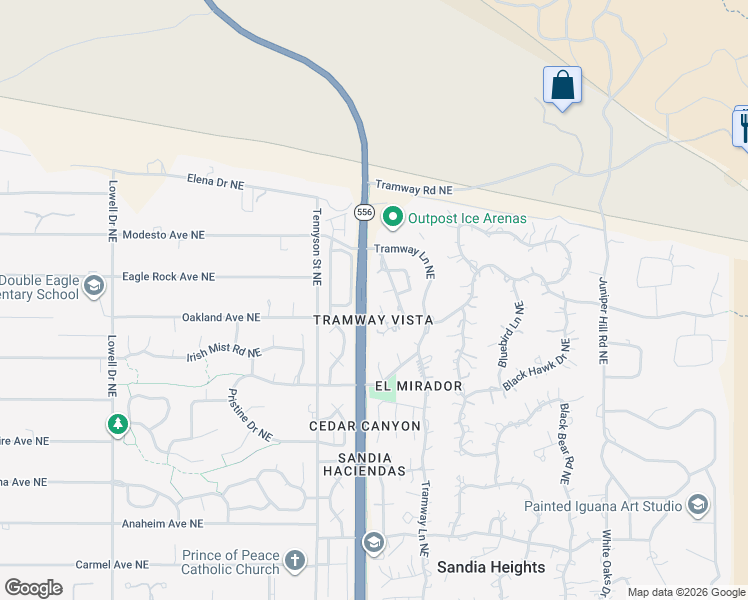 map of restaurants, bars, coffee shops, grocery stores, and more near 726 Tramway Vista Court Northeast in Albuquerque