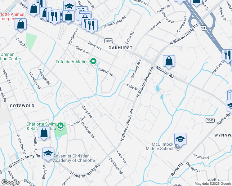 map of restaurants, bars, coffee shops, grocery stores, and more near 5235 Silabert Avenue in Charlotte