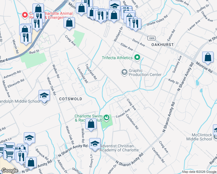 map of restaurants, bars, coffee shops, grocery stores, and more near in Charlotte