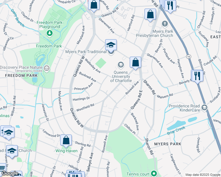 map of restaurants, bars, coffee shops, grocery stores, and more near 2128 Selwyn Avenue in Charlotte