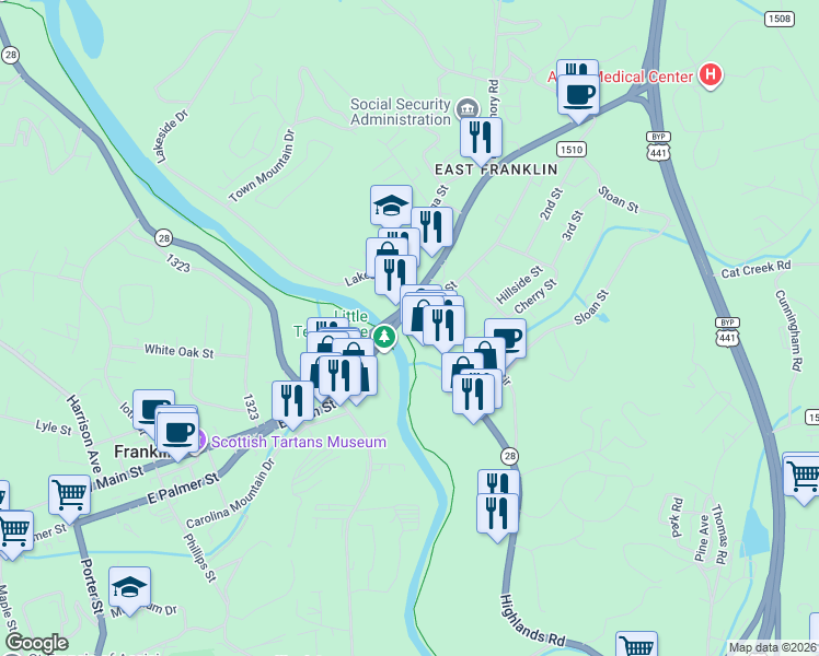 map of restaurants, bars, coffee shops, grocery stores, and more near 129 Northeast Main Street in Franklin