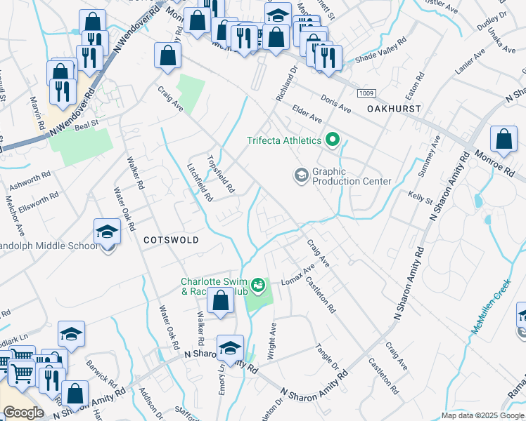 map of restaurants, bars, coffee shops, grocery stores, and more near 3918 Litchfield Road in Charlotte