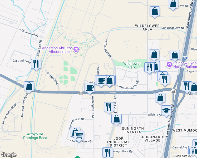 map of restaurants, bars, coffee shops, grocery stores, and more near 8920 Adams Street in Albuquerque