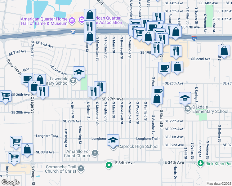 map of restaurants, bars, coffee shops, grocery stores, and more near 1963 South Marrs Street in Amarillo