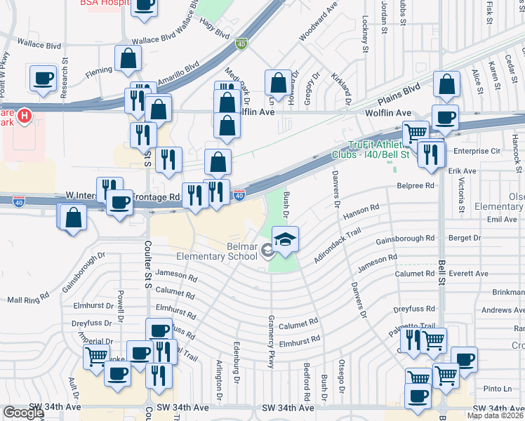 map of restaurants, bars, coffee shops, grocery stores, and more near 5307 Interstate 40 Frontage Road in Amarillo