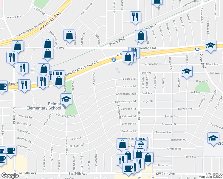 map of restaurants, bars, coffee shops, grocery stores, and more near 6105 Hanson Road in Amarillo