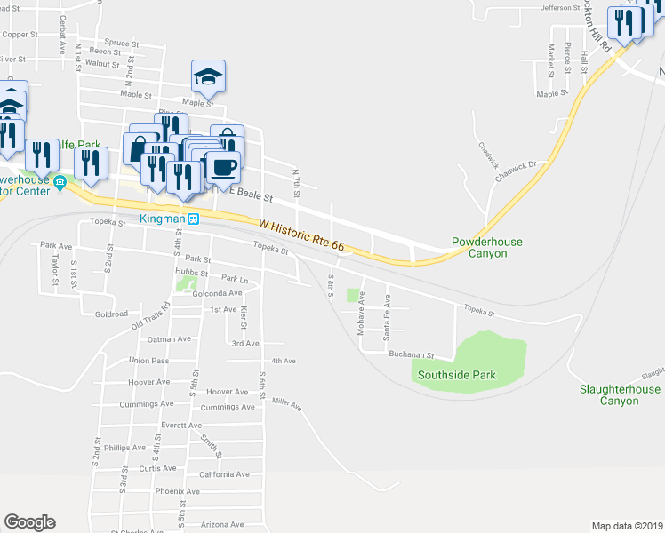 map of restaurants, bars, coffee shops, grocery stores, and more near Topeka St & S 8th St in Kingman