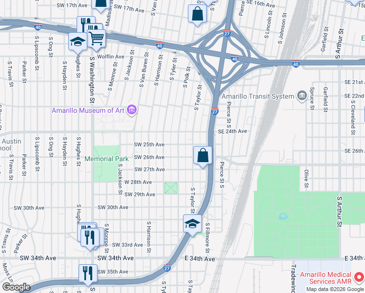 map of restaurants, bars, coffee shops, grocery stores, and more near 2501 South Polk Street in Amarillo