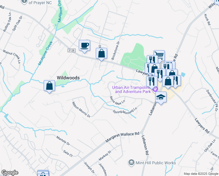 map of restaurants, bars, coffee shops, grocery stores, and more near 7350 Rena Mae Lane in Charlotte