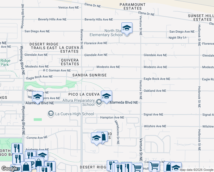 map of restaurants, bars, coffee shops, grocery stores, and more near 8600 Eagle Rock Avenue Northeast in Albuquerque