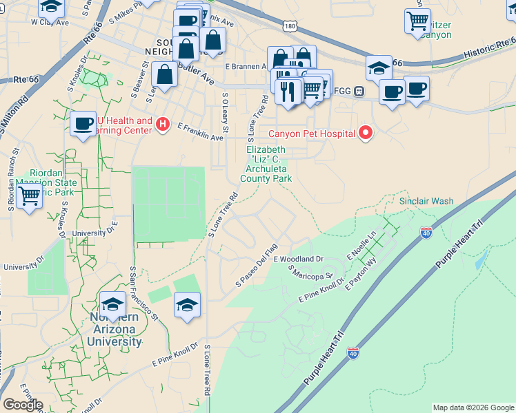 map of restaurants, bars, coffee shops, grocery stores, and more near 122 East Paseo del Rio in Flagstaff