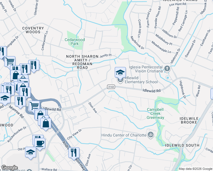 map of restaurants, bars, coffee shops, grocery stores, and more near 6724 Elm Forest Drive in Charlotte