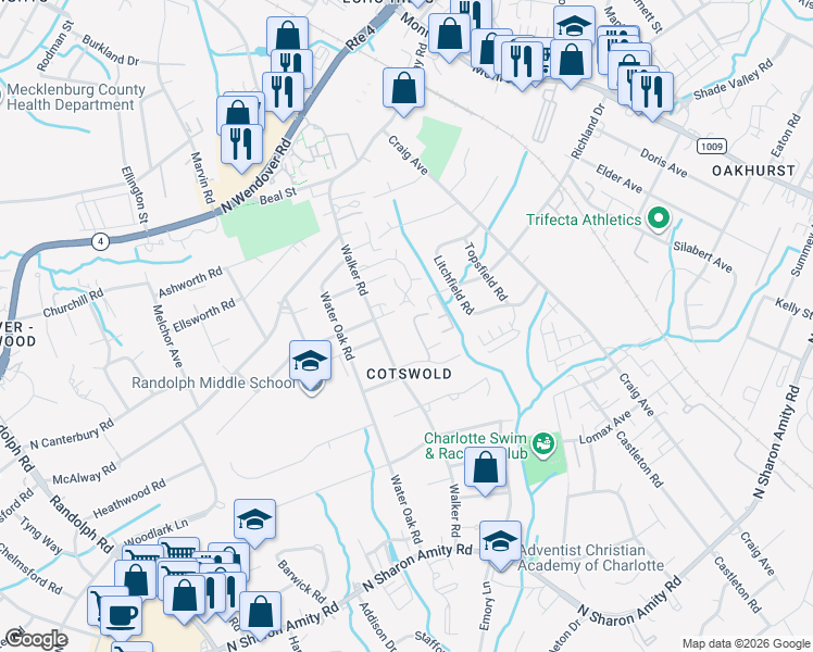 map of restaurants, bars, coffee shops, grocery stores, and more near in Charlotte