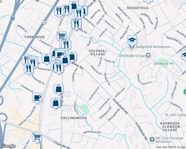 map of restaurants, bars, coffee shops, grocery stores, and more near 343 Scaleybark Road in Charlotte
