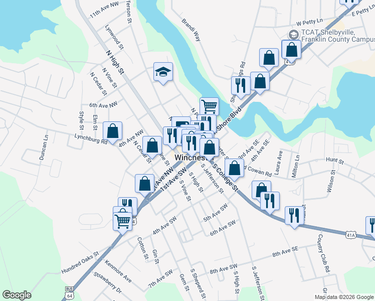 map of restaurants, bars, coffee shops, grocery stores, and more near 103 2nd Avenue Northwest in Winchester