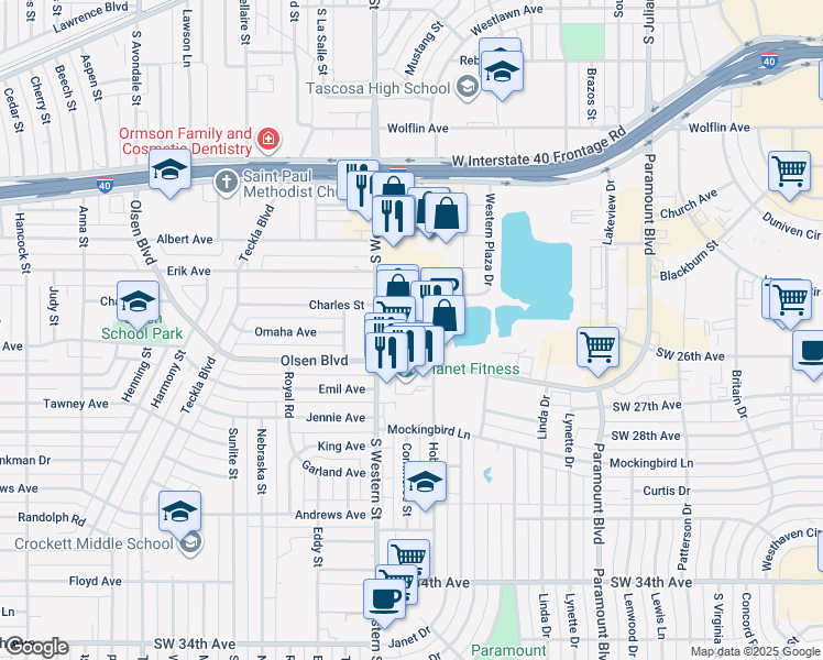 map of restaurants, bars, coffee shops, grocery stores, and more near 2400 Commerce St in Amarillo