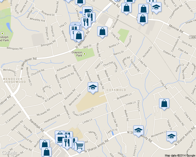 map of restaurants, bars, coffee shops, grocery stores, and more near 4228 Water Oak Road in Charlotte