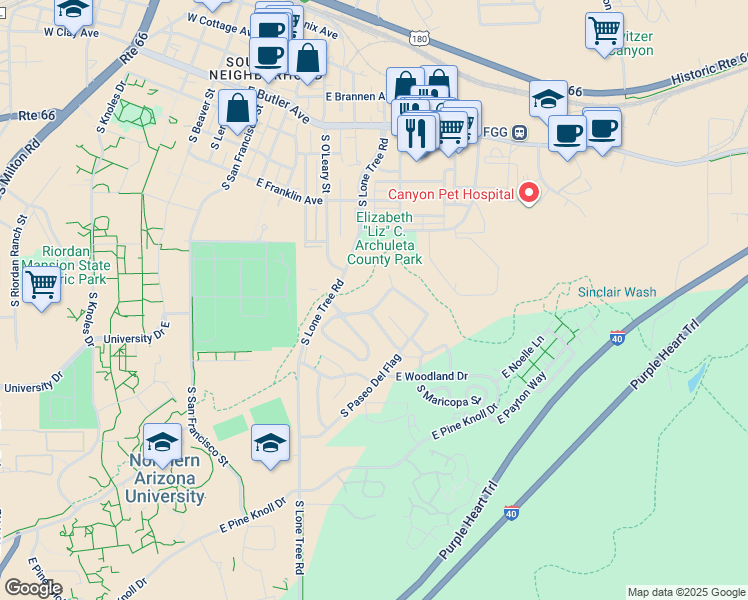 map of restaurants, bars, coffee shops, grocery stores, and more near 122 East Paseo del Rio in Flagstaff